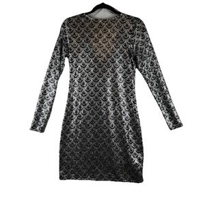 Michael Kors Black Silver Scallop Glitter Lame Cowl Back Chain Dress Medium